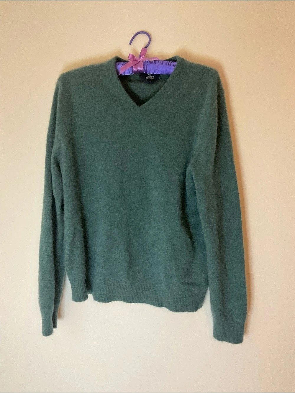 Lands' End Cashmere V-Neck Sweater in Green Size Large